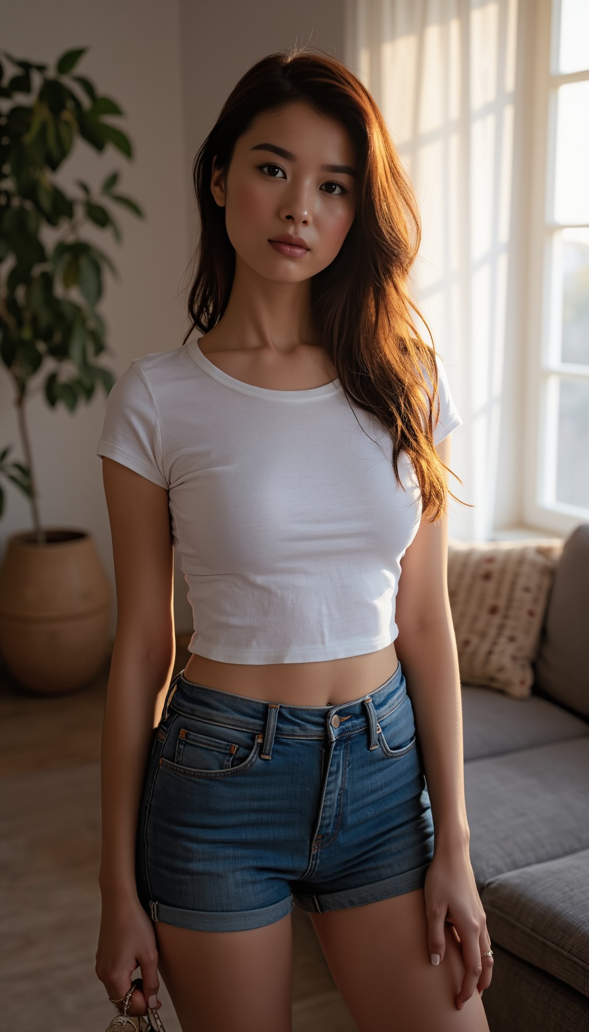 A woman with impressive bustline, clad in a form-fitting white T-shirt and high-waisted denim shorts, stands confidently in a cozy living room. Soft evening light pours through the window, casting a warm glow on her toned physique. The camera frames her from the waist up, emphasizing the curves of her hourglass figure. She poses naturally, with one hand resting on her hip and the other holding a glass or object, conveying a sense of relaxed sophistication.