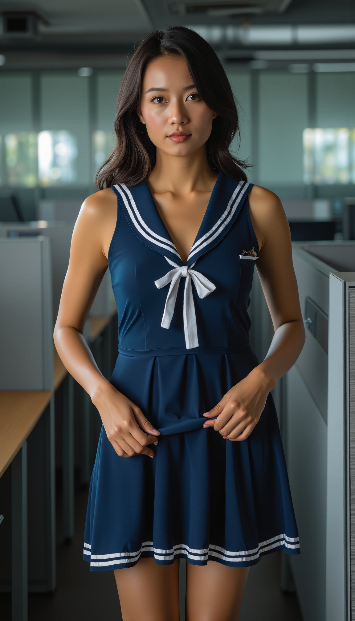 A close-up shot of a woman wearing a sailor dress stands confidently in an office setting, the dimly lit space with grey cubicles and wooden desks providing a subtle contrast to her vibrant attire. The subject's pose exudes professionalism, hands clasped behind her back, as she gazes straight into the camera lens.