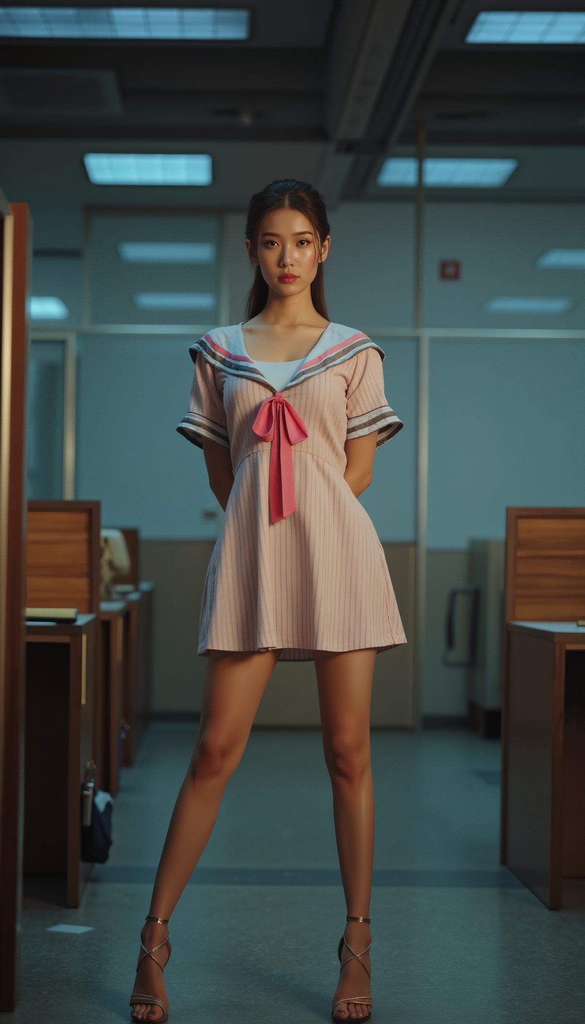 A close-up shot of a woman wearing a sailor dress stands confidently in an office setting, the dimly lit space with grey cubicles and wooden desks providing a subtle contrast to her vibrant attire. The subject's pose exudes professionalism, hands clasped behind her back, as she gazes straight into the camera lens.