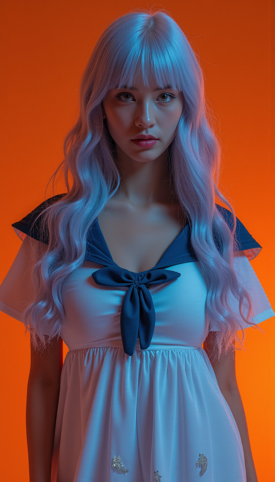 Crystal Reed, Beautiful realistic girl with BRIGHT WHITE-BLUE long hair , clean skin with detailed skin ,full length,in a sailor dress,on an orange background ,Against the background of the starry sky,bright makeup,EARRINGS WITH GLITTERS,two-leaf gray flower,translucent speckled bifoliate gray,Bioluminescent - Ultra High Quality 8K Music Equalizer, High contrast, rich colors, soft light, Super detailed photos. ultra high quality 8K, High contrast, noise reduction, яркие rich colors.. high quality, 8K Ultra HD, High contrasthigh quality,мягкие close focus,very beautiful flower, translucent red lily of the valley with dew drop flower, bioluminescent flower glows and shimmers, he grows in a mysterious forest, shrouded in mystery, Сверхhigh quality 8k, High contrast, rich colors, soft light, Ultra-detailed photos. Сверхhigh quality 8k, High contrast, noise reduction, bright rich colors.. high quality, 8K Ultra HD, High contrast 