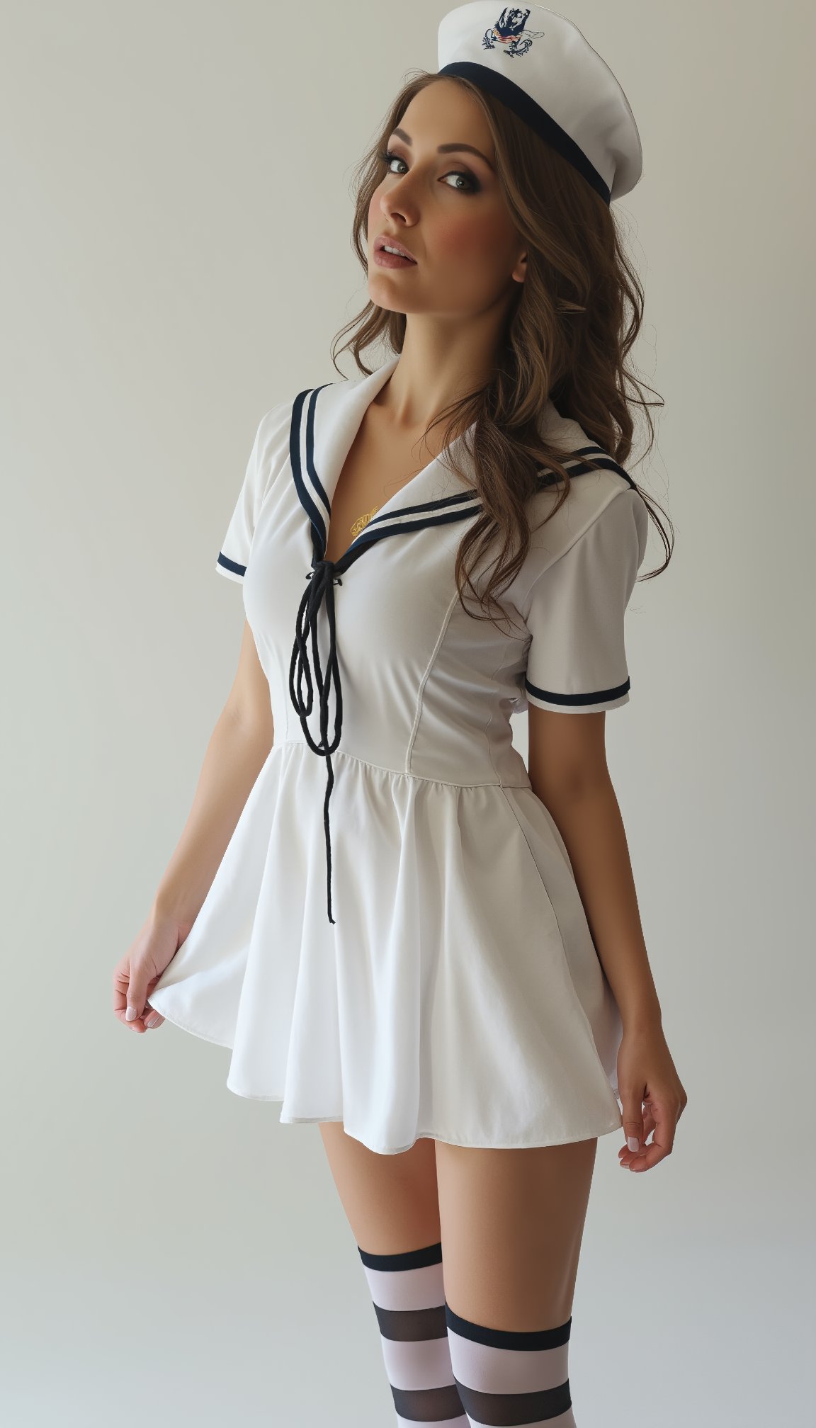 A sultry mermaid-like siren, her porcelain doll-like complexion aglow under softbox lighting on a crisp white background. Her luscious locks cascade down her back as she poses in a vintage-inspired sailor getup, complete with a crisp white dress and striped stockings, her human features a striking contrast to the nautical attire.