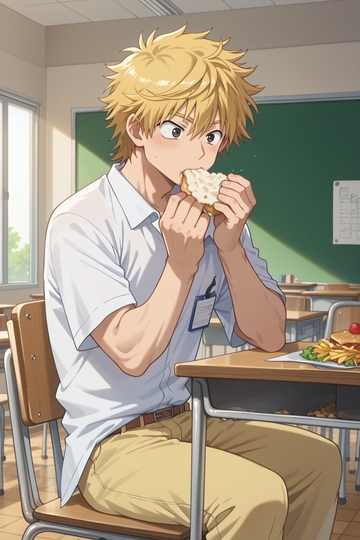 score_8_up, score_7_up, Expressiveh, masterpiece, best quality, best aesthetics, perfect anatomy, perfect proportions, high resolution, good colors, bright skin, good shading, good eyes, countershading, well detailed background, BREAK, male focus, male, BREAK, Yoshiro_Hamada, blonde hair, black eyes, BREAK, shirt, pants, sit on chair, classroom, eating, onigiri