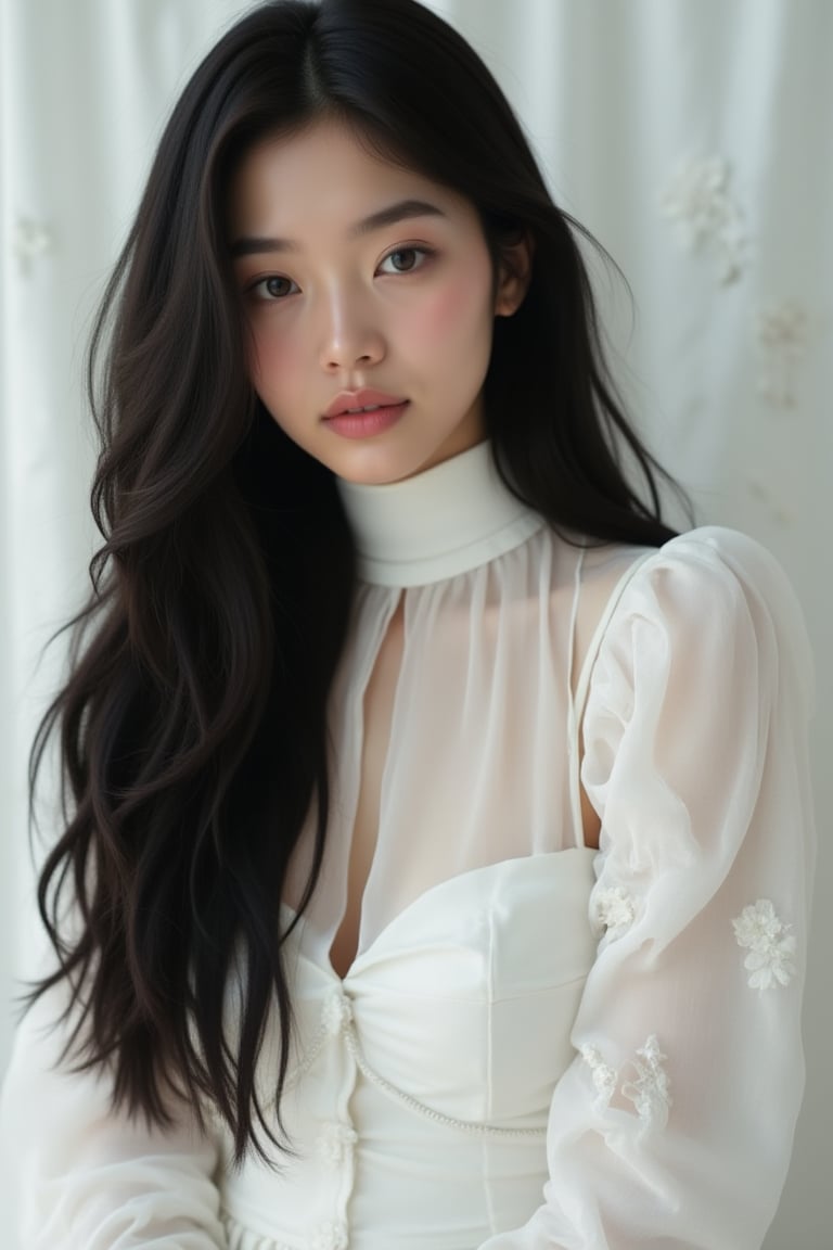 A close-up shot of a young Asian woman with long dark brown hair and blue eyes. She is wearing a white sleeveless dress with a white turtleneck. The woman's dress is adorned with white embroidery on the shoulders and neck. The backdrop is a white curtain with white designs on it.