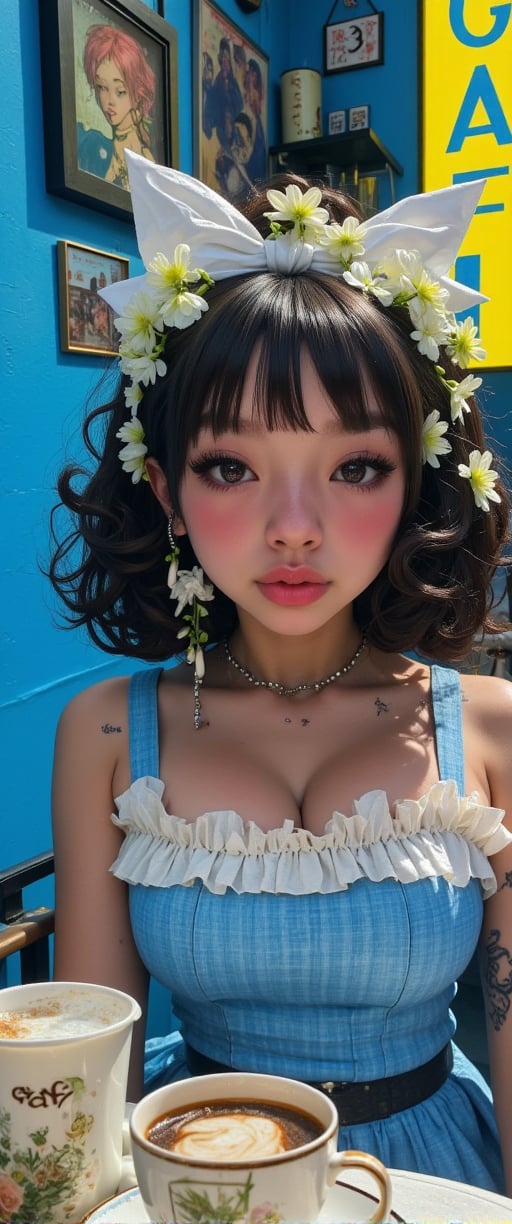 a depiction of a woman in a blue and white dress, adorned with flowers in her hair, is seated at a table in a cafe. The woman's head is adorned with a white bow, and her eyes are adorned with dark blue eyes. Her hair is styled in a wavy bob, and she's wearing a pair of dangling earrings, adding a pop of color to her face. The backdrop, a cafe window, is a vibrant shade of blue, with a yellow sign that reads "GAF" in the upper right corner of the frame. To the left of the woman, there is a coffee mug filled with coffee, and a saucer filled with a brown liquid. In the background, there are two coffee mugs, a coffee maker, and two framed pictures on the wall.. Film grain and blur enhance the cinematic feel, transporting us back to a low-res 1980s movie screen.,ct-anitity,ct-blodolx,ct-afall,ct-bustyy2