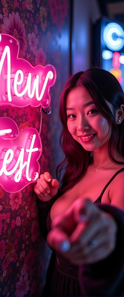 A very beautiful   woman is pointing at the viewer , pointing at a large neon sign that says "New Lora Test". The background is dark gothic  with  dark tones in a Japanese style. Detailed texture, high quality, high resolution, high precision, realism, color correction, good lighting settings, harmonious composition, Behance work, watercolor, text, the text is "",ct-kjbp,ct-muun,ct-kbright,ct-lelahh,ct-arix,ct-savaga,ct-leetity,ct-chainb,ct-bibity,ct-biskitity,ct-blodolx,ct-bustyy2