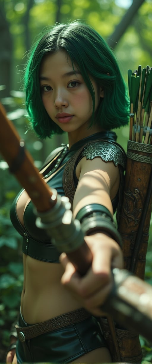 A behind-the-shot perspective captures a female adventurer standing in a lush, verdant forest. Her lightweight leather costume, adorned with supple texture and movement-friendly design, showcases metallic decorations on shoulders and elbows that glimmer in the light. A dark green vest cinches around her upper body, while a quiver attached to her back holds arrows at the ready. Bright green hair, styled in a short bob, frames her face as she grips her ancient wooden bow with intricate carvings, the engraved surface reflecting her focus. The camera's vantage point immerses the viewer in the serene atmosphere, where the surrounding forest's deep greens harmonize with the adventurer's attire.,ct-bibity,ct-vituajis,ct-kjspar,ct-blodolx,ct-afall,ct-bustyy2