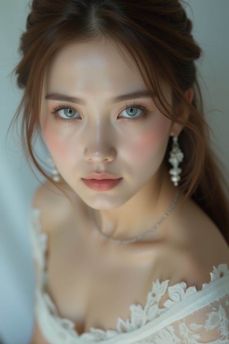 A stunning close-up captures the elegance of this woman's features from a low-angled perspective. Her piercing blue eyes sparkle as she gazes directly into the lens, while her vibrant brown hair cascades down her porcelain skin. A strapless white dress, embroidered with delicate details, hugs her curves, and dangling earrings add a touch of sophistication. The blurred background allows the viewer's focus to remain on her serene expression.