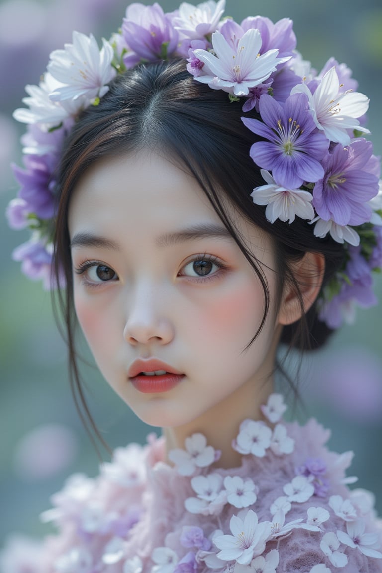 a head shot of a young Chinese girl covered in white and purple flowers, in the style of cyberpunk realism, charming realism, exaggerated facial features, high resolution, enchanted realism, pale palette --chaos 5 --ar 2:3 --style raw --stylize 750 --v 6