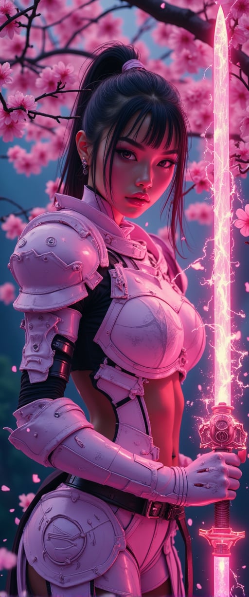  A woman in glowing armour, pink plates of armour protect her body, while delicate cherry blossom drifts gently down from a nearby tree. Her glowing sword dazzles with electrical arcing in the twilight of an atmospheric evening amazing quality, masterpiece, best quality, hyper detailed, ultra detailed, glowing pink, perfect anatomy, blurry background, outdoor, cherry blossoms, fog, studio lighting, bright foreground, face to viewer, glowing(pink hybrid white) Armour, female, holding, sword with electrical shine carving, ponytail, glowing, shine, dazzling Amidst the haunting atmosphere, her elegant posture exudes enchanting contrast, inviting us into her mysterious world.,ct-hyuntity,ct-colority,ct-aufall,ct-afall