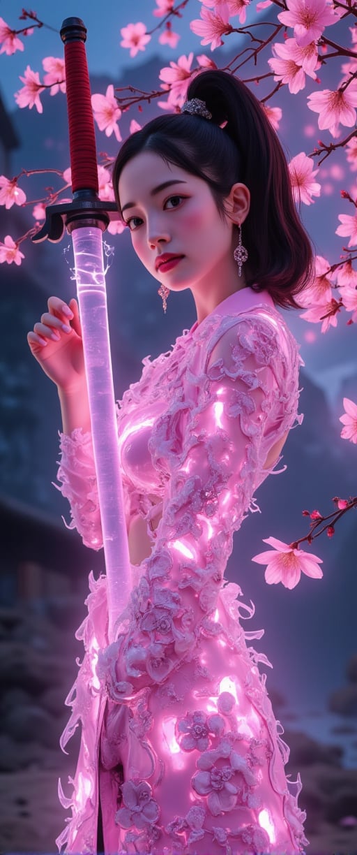  A woman in glowing armour, pink plates of armour protect her body, while delicate cherry blossom drifts gently down from a nearby tree. Her glowing sword dazzles with electrical arcing in the twilight of an atmospheric evening amazing quality, masterpiece, best quality, hyper detailed, ultra detailed, glowing pink, perfect anatomy, blurry background, outdoor, cherry blossoms, fog, studio lighting, bright foreground, face to viewer, glowing(pink hybrid white) Armour, female, holding, sword with electrical shine carving, ponytail, glowing, shine, dazzling Amidst the haunting atmosphere, her elegant posture exudes enchanting contrast, inviting us into her mysterious world.,ct-hyuntity,ct-colority,ct-fantasitity,ct-fantasy