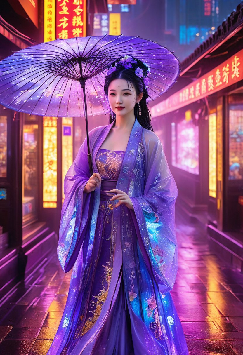 (Ultra realistic, intricate, Ultra high resolution masterpiece),(Amazing Primitivism Neuroaesthetic experiments art),(looking at viewer:1.2),(wet:1.3),detailed facial features,smile,The painting depicts an elegant beauty in ancient Chinese hanfu walking through a neon-lit cyberpunk cityscape. She wears an exquisite purple hanfu dress that flows gracefully with each step. The high-tech streets are bathed in the vibrant glow of holographic lights and animated signboards. Neon reflections dance across wet pavement slicked by recent rain. The maiden's porcelain features stand out amidst the dazzling city glow. Her jet black hair spills over one shoulder,partially obscuring the silk flower pinned above her ear. A parasol shields her from the environmental stimuli. Pedestrians give her curious glances as she passes serenely by in contrast to the bustling crowds. The glow of vending machines and flickering screens reflects in her dark,knowing eyes. Though the surrounding city pulses with chaotic energy,the maiden retains a vision of composure and classic beauty., masterpiece,best quality,high-resolution image,High quality,Superb lighting,Highly detailed,Sharp focus,8K UHD,