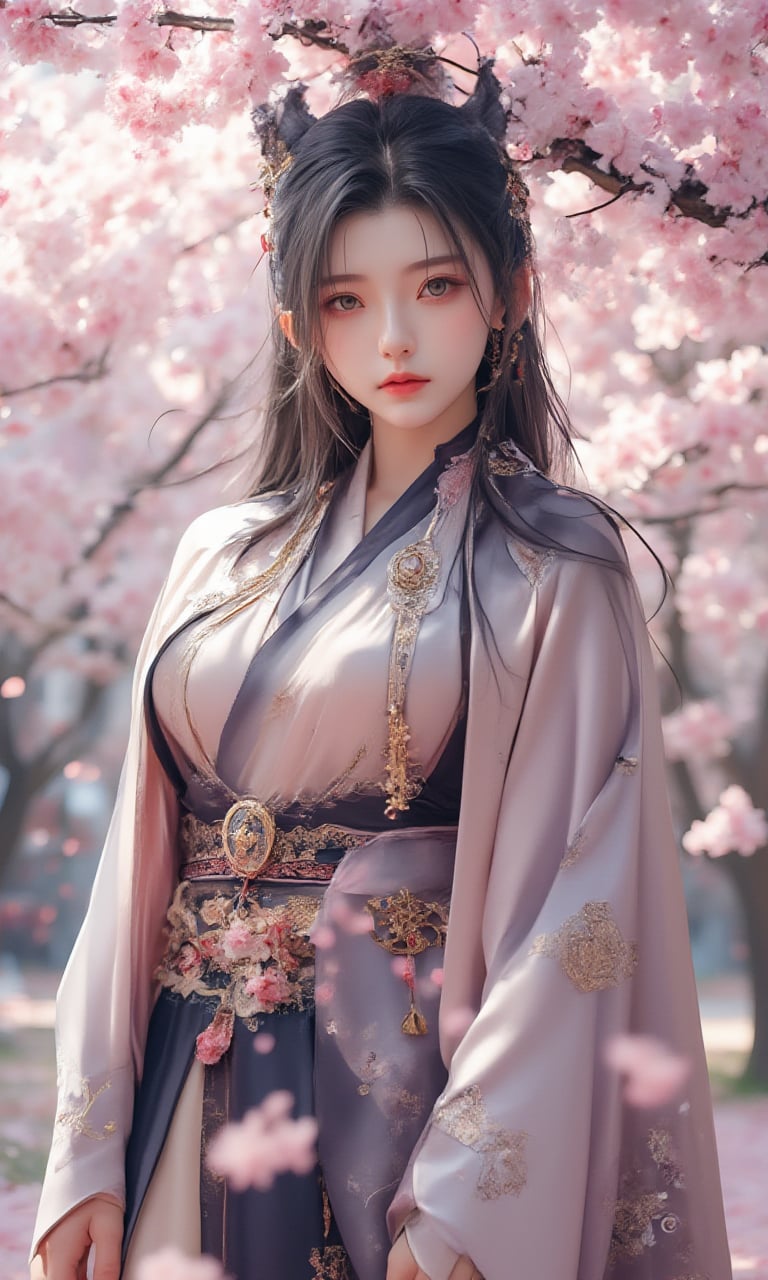 1Woman,hip up,martial arts,jewelry,chinese clothes, robe,accessories,outdoor, cherry blossoms,qqmix