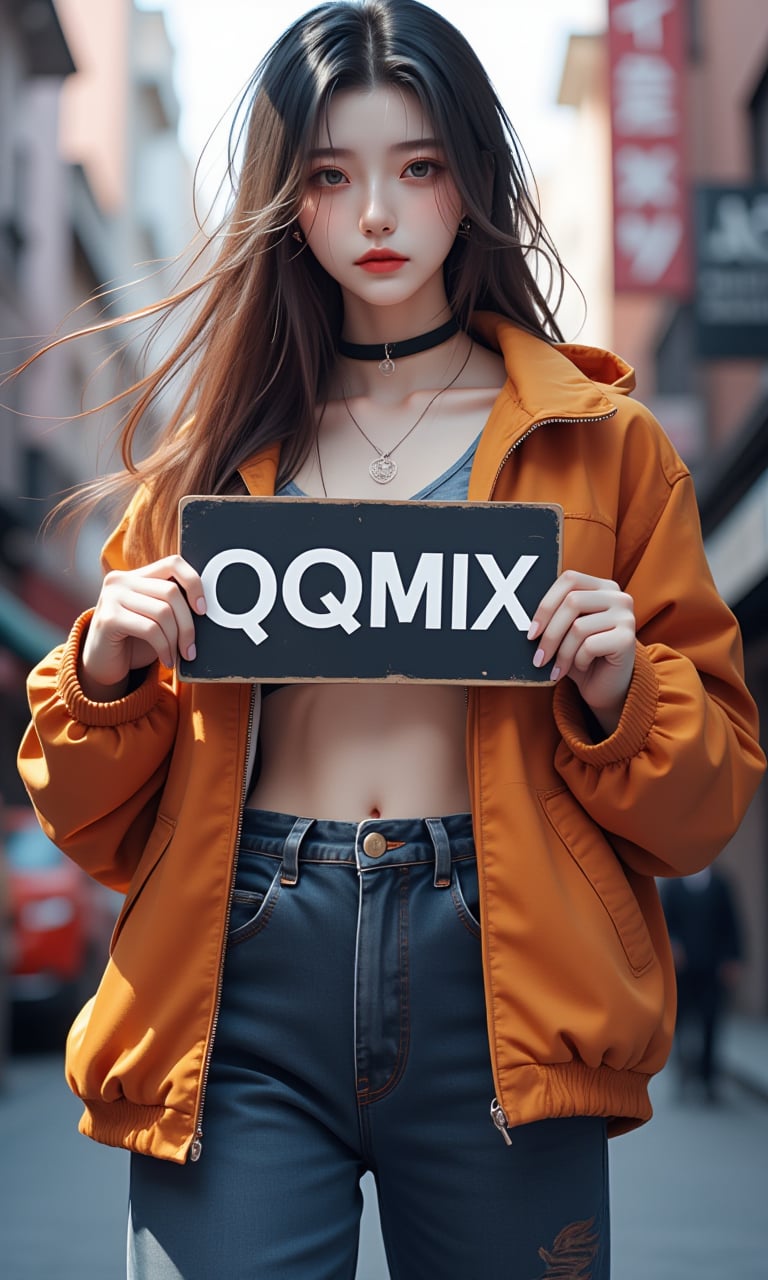 A stunning solo shot of a young woman with striking long hair, dressed in the latest street wear fashion,holding up a sign with the word "QQMIX",qqmix