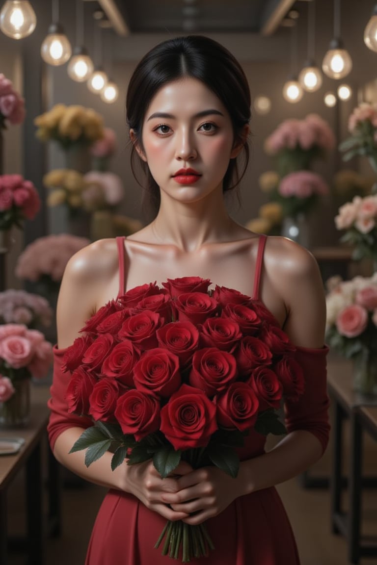 A stunning woman stands within a lush flower store, her beauty eclipsed only by the vibrant bouquet of hundreds of tightly clustered red roses she holds. The crimson petals and dark green leaves form a striking sphere, radiating against the bright, balanced lighting that fills the space. Her dress is a beautiful complement to the flowers, as she occupies the top half of the image, surrounded by the lush greenery and delicate blooms.