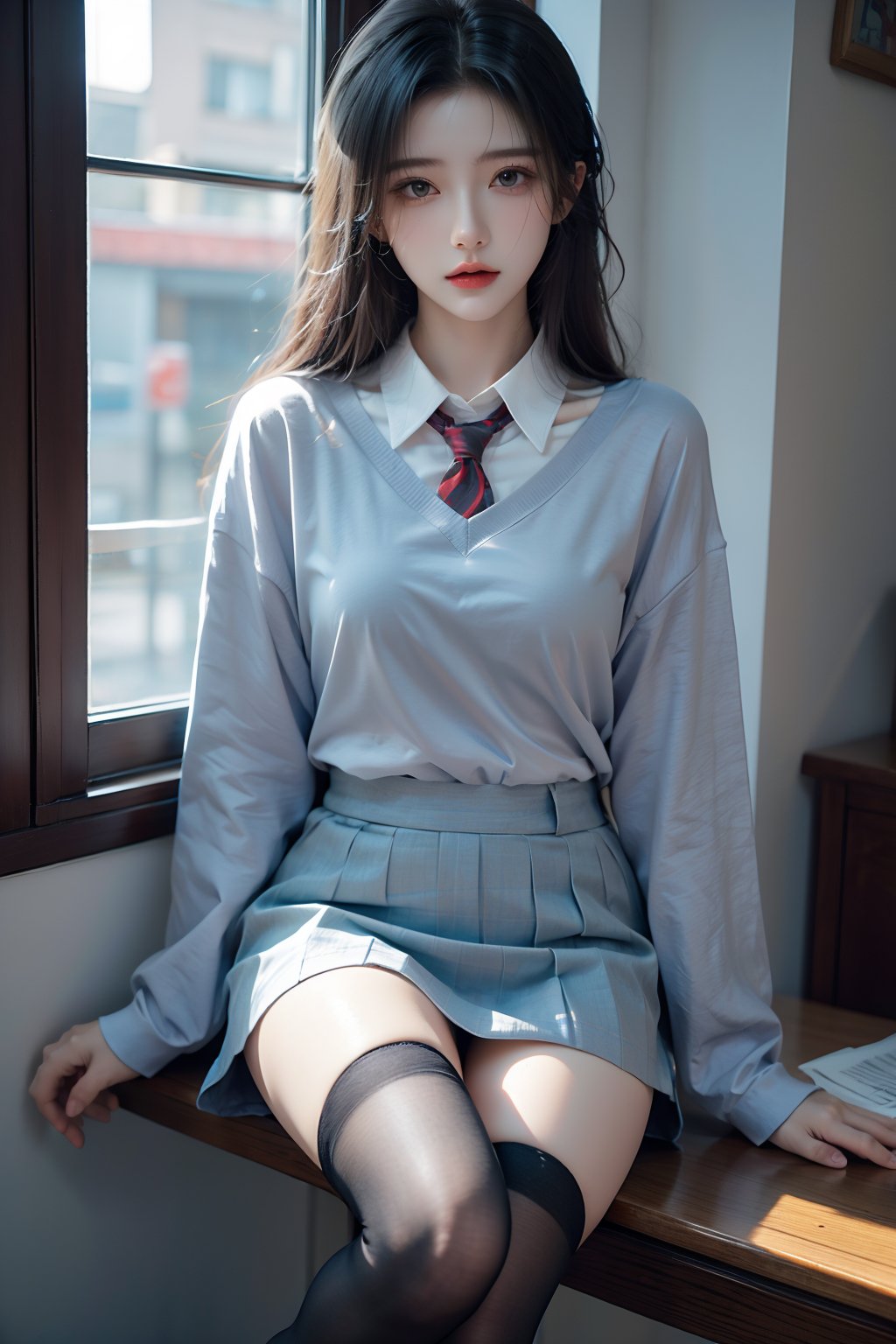 1Woman,hip up, school uniform, thighhighs,qqmix