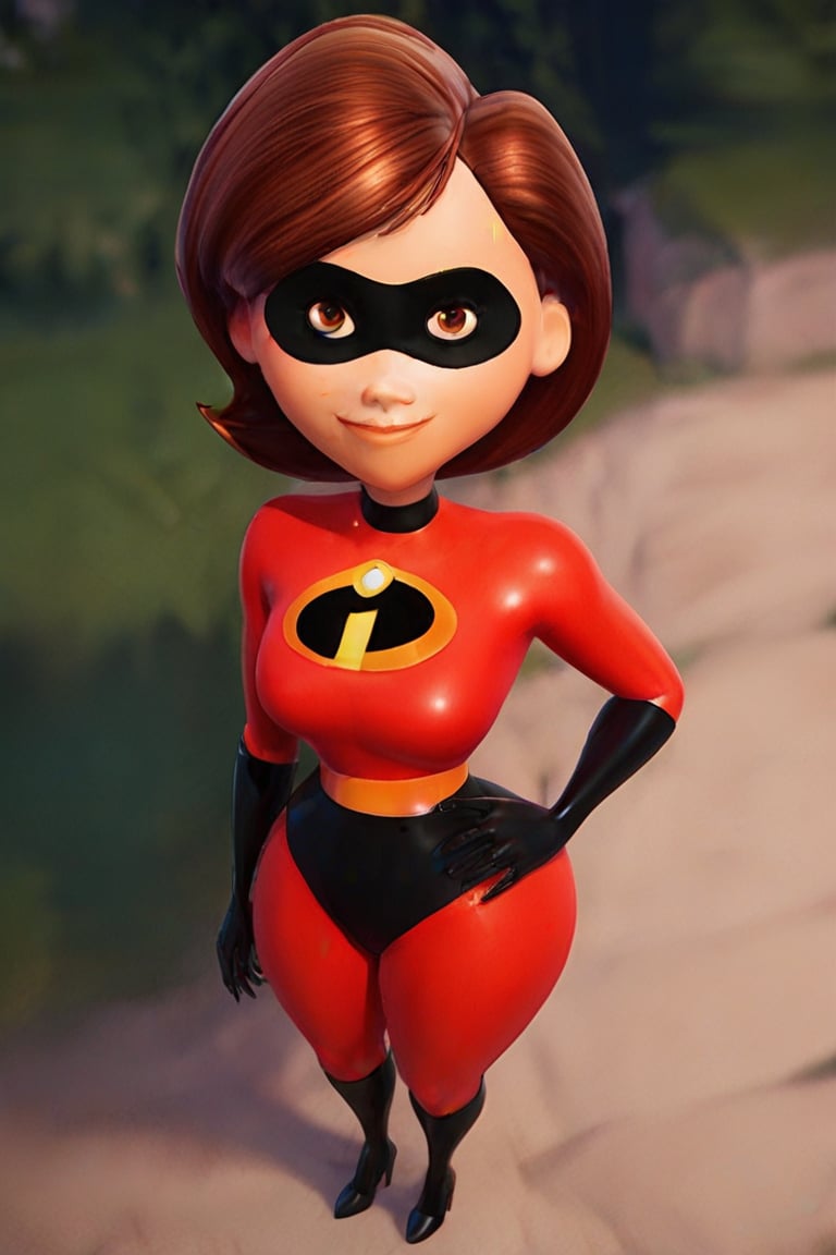 score_9, score_8_up,score_7_up, source_anime, 1girl, solo, short hair,brown light eyes, red bodysuit, incredibles clothes, superhero, igh heels, shiny clothes, outdoors, city, black boots, smile,Mrs_Incredible-rev2, from above, looking at the viewer, portrait, black latex, black tight latex underpats 