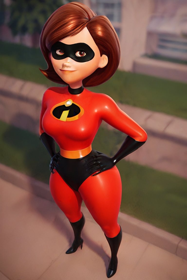 score_9, score_8_up,score_7_up, source_anime, 1girl, solo, short hair,brown light eyes, red bodysuit, incredibles clothes, superhero, igh heels, shiny clothes, outdoors, city, black boots, smile,Mrs_Incredible-rev2, from above, looking at the viewer, portrait, black latex, black tight latex underpats 