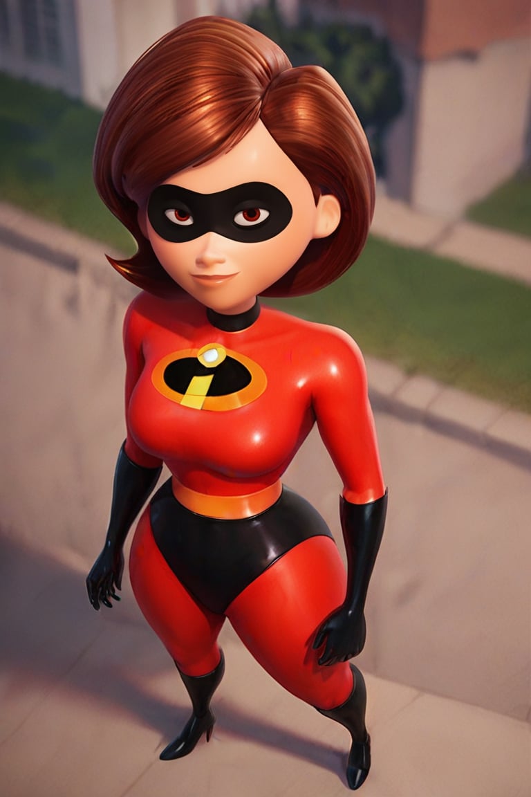 score_9, score_8_up,score_7_up, source_anime, 1girl, solo, short hair,brown light eyes, red bodysuit, incredibles clothes, superhero, igh heels, shiny clothes, outdoors, city, black boots, smile,Mrs_Incredible-rev2, from above, looking at the viewer, portrait, black latex, black tight latex underpats 