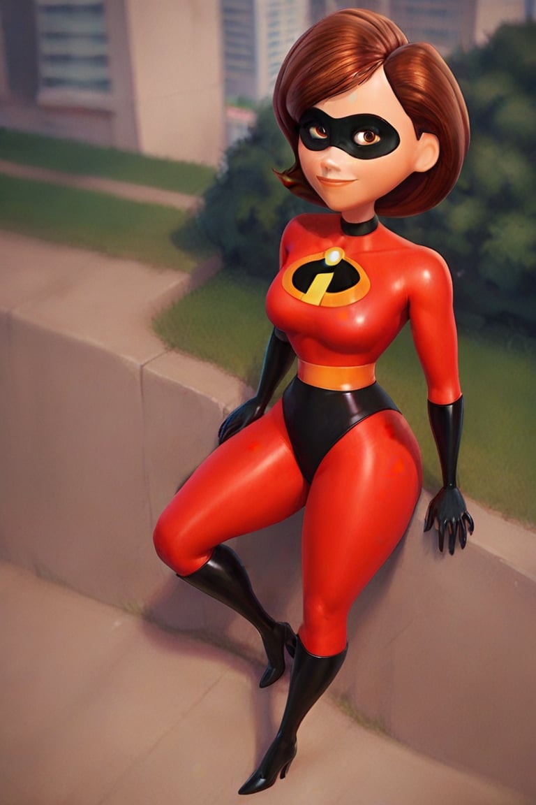 score_9, score_8_up,score_7_up, source_anime, 1girl, solo, short hair,brown light eyes, red bodysuit, incredibles clothes, superhero, igh heels, shiny clothes, outdoors, city, black boots, smile,Mrs_Incredible-rev2, from above, looking at the viewer, portrait, black latex, black tight latex underpats 