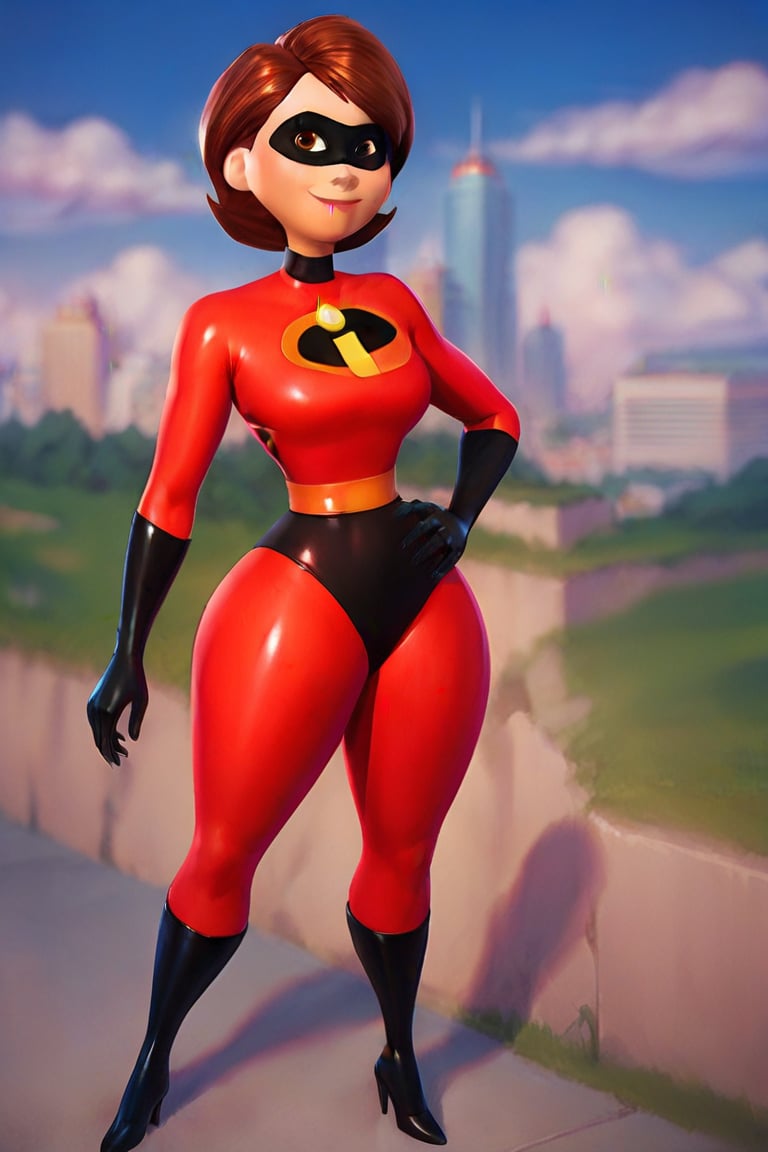 score_9, score_8_up,score_7_up, source_anime, 1girl, , solo,short hair,brown eyes,black turtleneck,red body suit,superhero,impossible clothes,high heels,shiny clothes, outdoors, city, black boots, contrapposto, smile,Mrs_Incredible-rev2