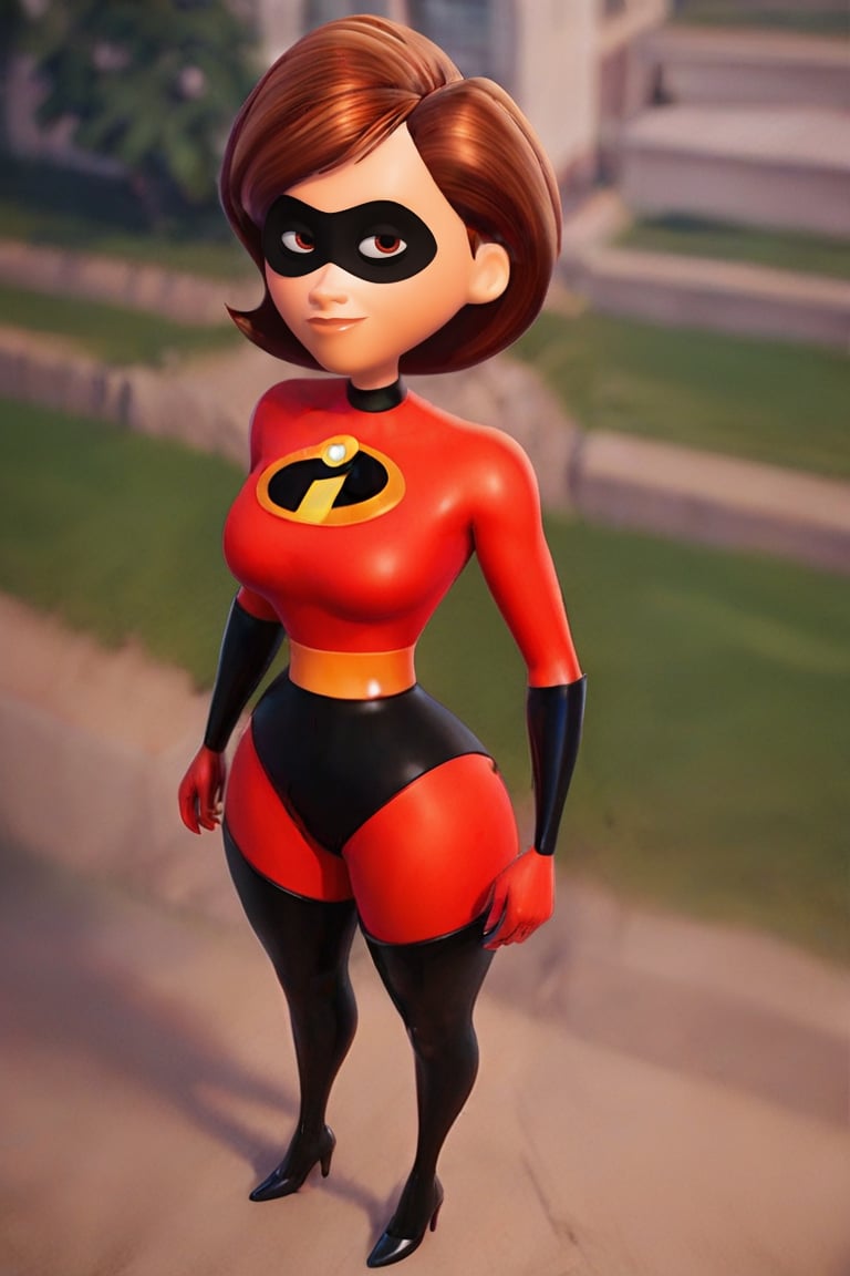 score_9, score_8_up,score_7_up, source_anime, 1girl, solo, short hair,brown light eyes, red bodysuit, incredibles clothes, superhero, igh heels, shiny clothes, outdoors, city, black boots, smile,Mrs_Incredible-rev2, from above, looking at the viewer, portrait, black latex, black tight latex underpats 