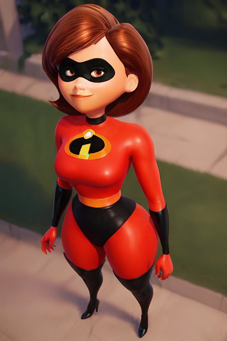 score_9, score_8_up,score_7_up, source_anime, 1girl, solo, short hair,brown light eyes, red bodysuit, incredibles clothes, superhero, igh heels, shiny clothes, outdoors, city, black boots, smile,Mrs_Incredible-rev2, from above, looking at the viewer, portrait, black latex, black tight latex underpats 