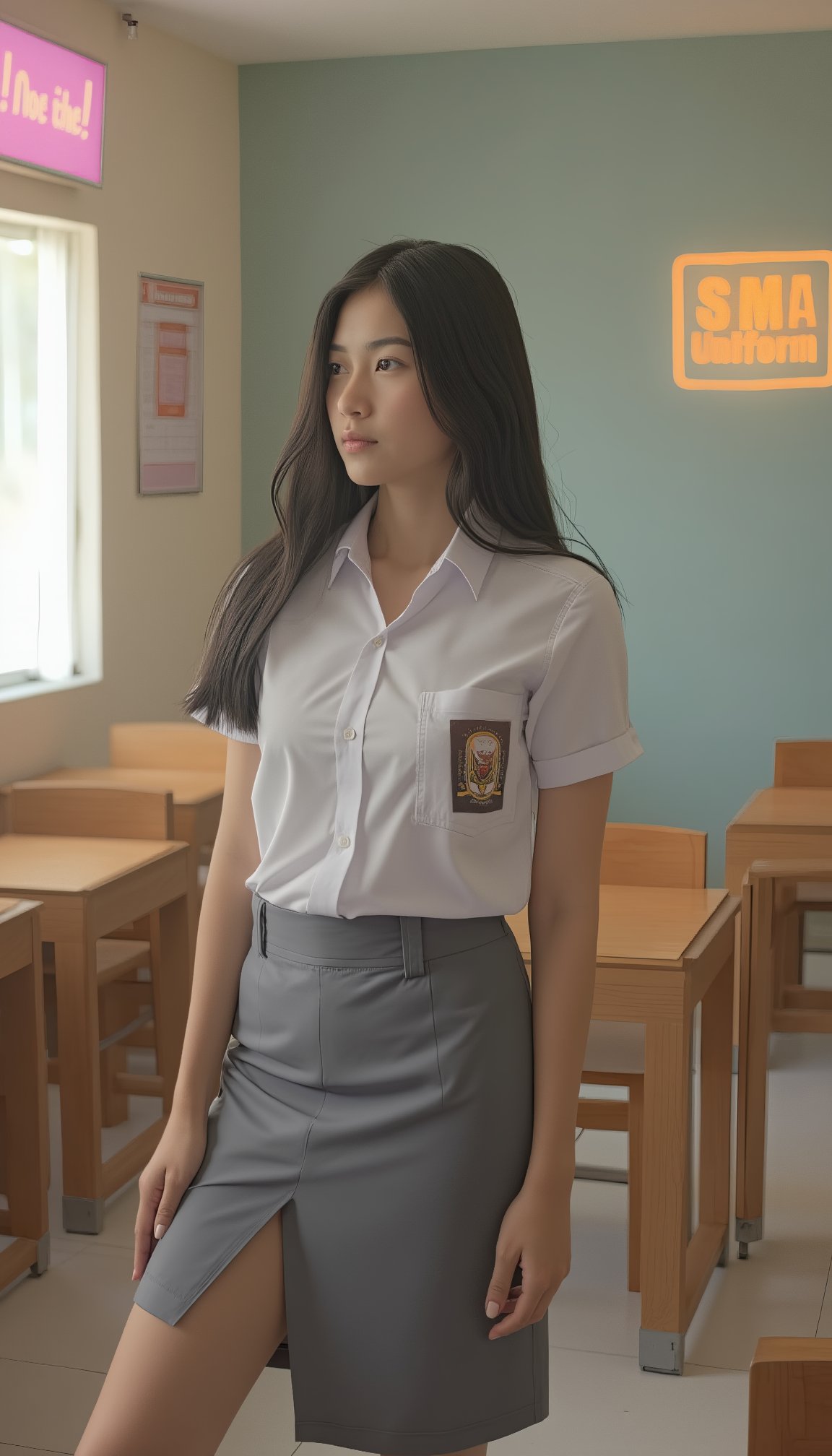 high detailed photography of a woman standing in the classroom, full body portrait, long hair, wearing white shirt, grey short skirt, school uniform, sma, looking at viewer, octane render, ray tracing, reflex, text "SMA Uniform" on neon box