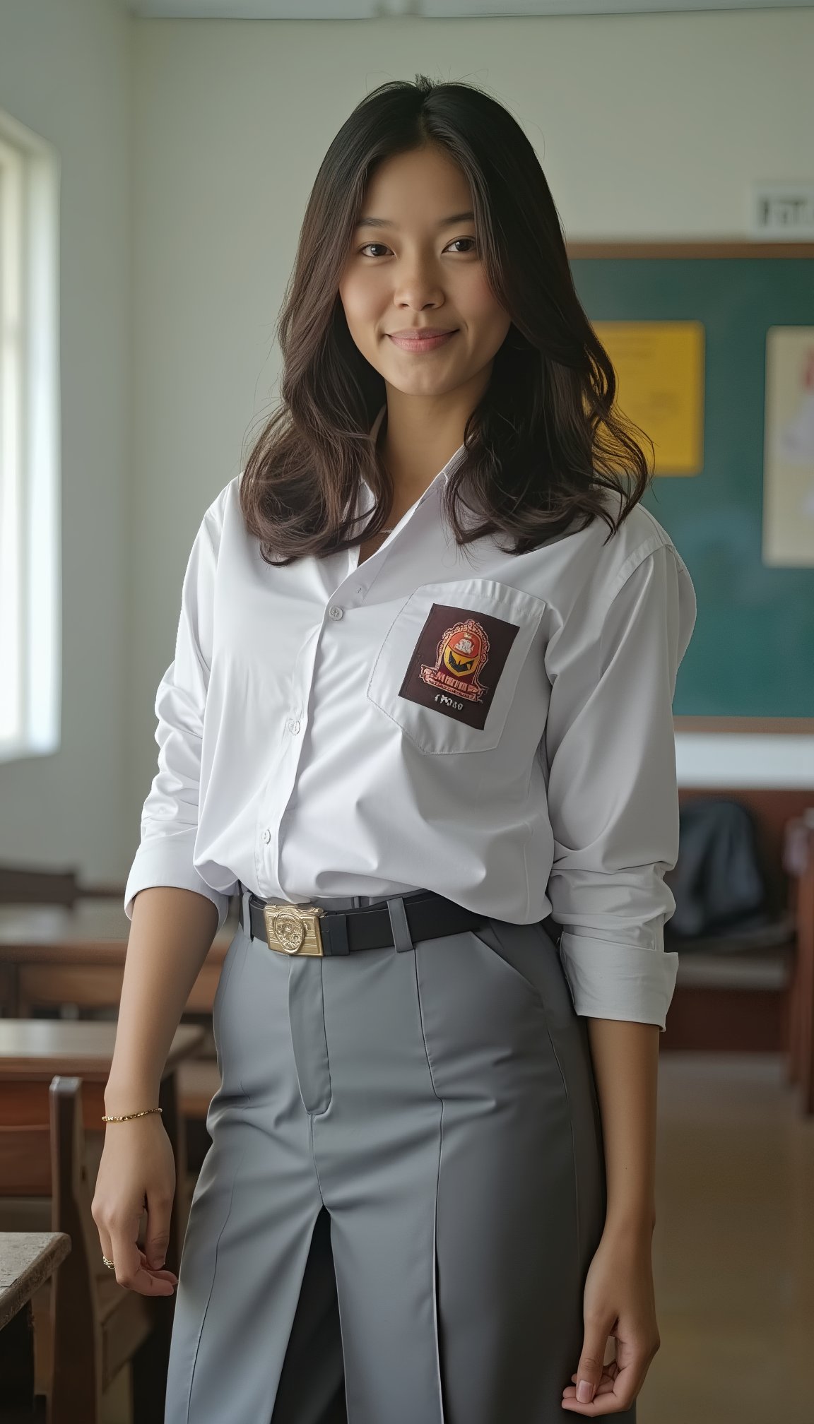 high detailed photography of a woman standing in the classroom, full body portrait, long hair, wearing white shirt, grey skirt, school uniform, sma, looking at viewer, octane render, ray tracing, reflex