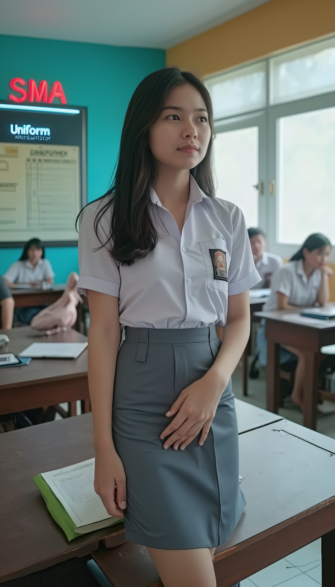 high detailed photography of a woman standing in the classroom, full body portrait, long hair, wearing white shirt, grey short skirt, school uniform, sma, looking at viewer, octane render, ray tracing, reflex, text "SMA Uniform" on neon box