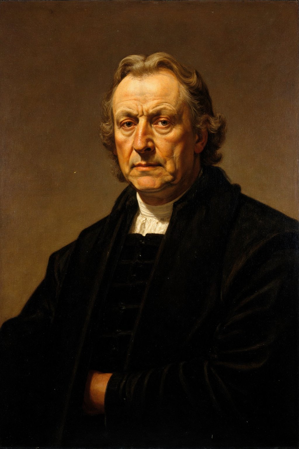 Oil painting using the Scumbling technique. A dignified figure gazes out from the canvas, his expression calm and resolute. The warm tones of the skin are offset by the dark, rich clothing.