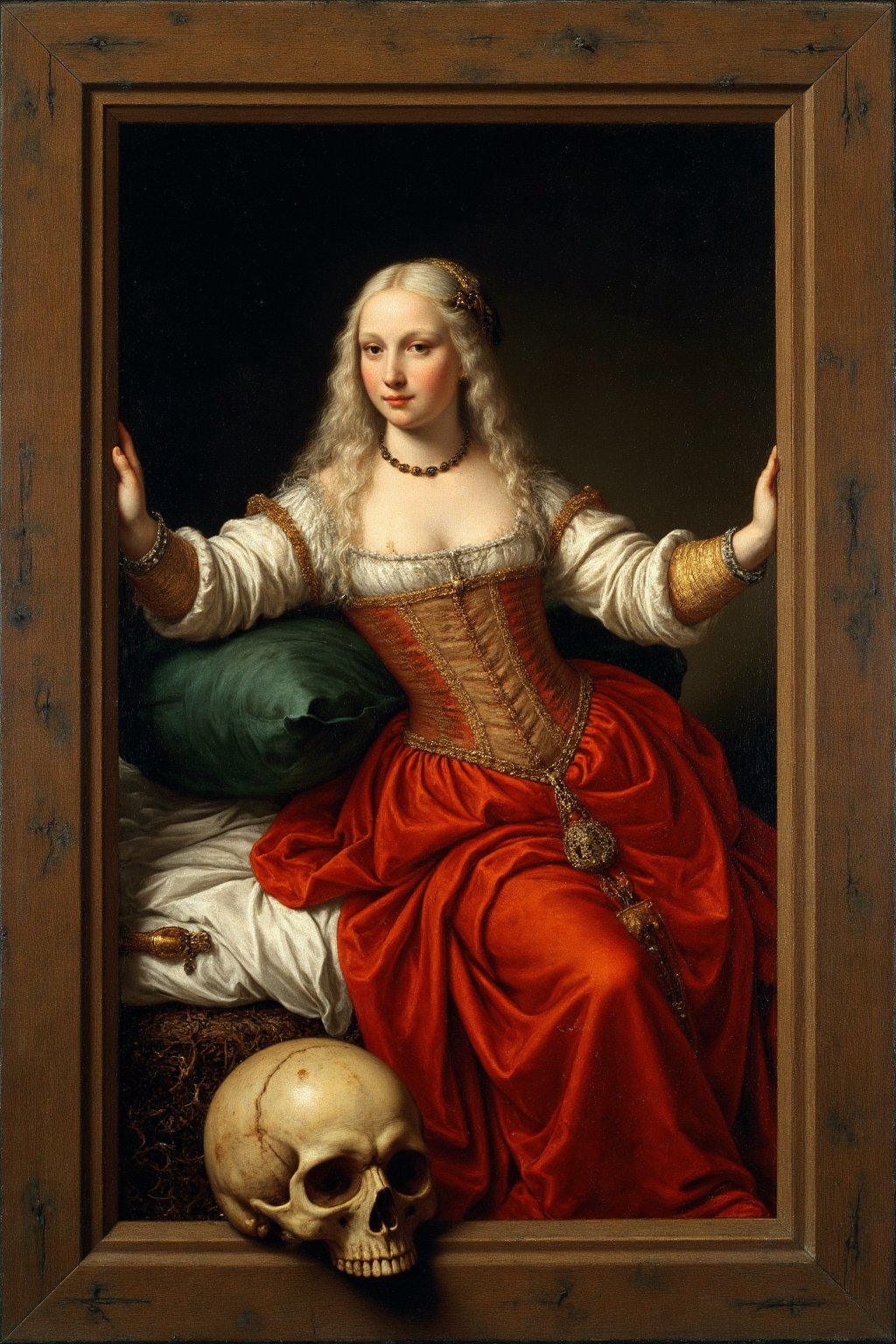 Oil painting using the Trompe-l’oeil technique. The painting has a fake, painted frame. It depicts a portrait of a lady with white, flowing hair and a red low-cut dress sitting in a castle bed chamber. It looks like she is climbing out of the painting, her hands gripping the edges of the fake frame. At the bottom corner of the frame, a grim skull rests ominously, its hollow eyes gazing out as if watching the scene unfold.