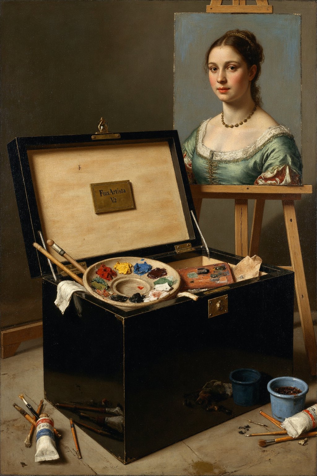 Oil painting using the Trompe-l’oeil technique. A black lacquer wooden artist’s box, with brushes, tubes of paint, and a palette spilling out. A gold plate on the lid has the text ‘FLUXArtista V2’. In the background is an easel with a half finished oil painting portrait of a young, beautiful woman using the impasto technique.