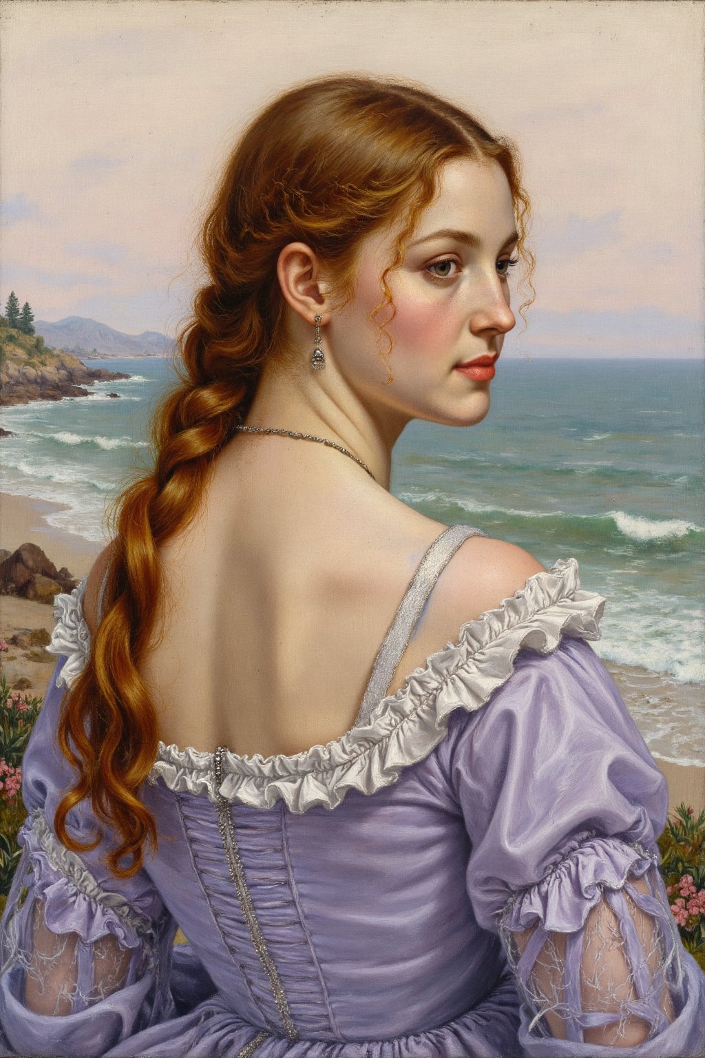 Oil painting using the Glazing technique. A portrait of a woman gazing thoughtfully to the side, her auburn hair loosely braided and draped over one shoulder. Her attire is a delicate lace-trimmed gown in shades of lavender and silver. The soft blending of colors creates a luminous effect, while the background is a misty coastal scene at sunrise, with faint waves crashing in the distance.