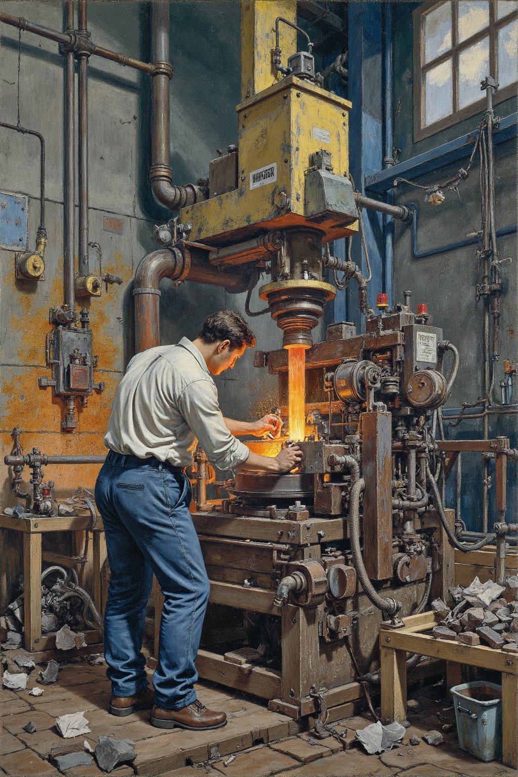 An oil painting using the Alla Prima technique. It depicts a factory worker operating heavy machinery in a steel mill. The industrial scene is vibrant and energetic, with splashes of orange and yellow from molten metal contrasting with the cool grays and blues of the machinery and walls. The worker’s posture is tense, emphasizing the intensity of the work. The brushstrokes are bold and fluid, creating a sense of movement and urgency throughout the composition.