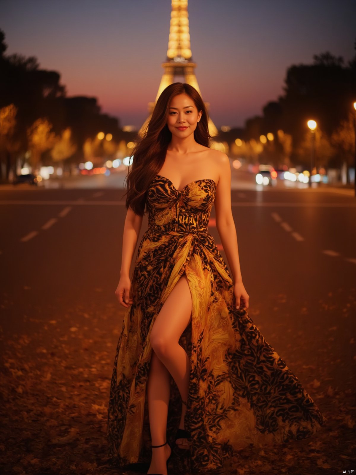 Here is a prompt for creating an exquisitely detailed image based on your description: A cinematic shot taken on the iconic Champs Elysées in Paris at dusk in autumn, as the sun dips below the horizon casting a warm glow (film grain: 1.2). A stunning Chinese woman, wearing a strapless low-cut long dress with intricate details and natural skin texture, stands out against the majestic Eiffel Tower's backdrop. Her radiant smile illuminates her deep cleavage, highlighting her plump breasts, as she proudly displays the bust of her dress featuring bold golden letters 'SUNSHINE'. The fallen leaves on the ground glisten with a warm golden light, reflecting the vibrant colors of the setting sun. Captured using Fujifilm XT3, in 4K resolution, this unity 8k wallpaper boasts ultra-detailed skin texture and finely detailed facial features, showcasing an exquisitely realistic masterpiece.