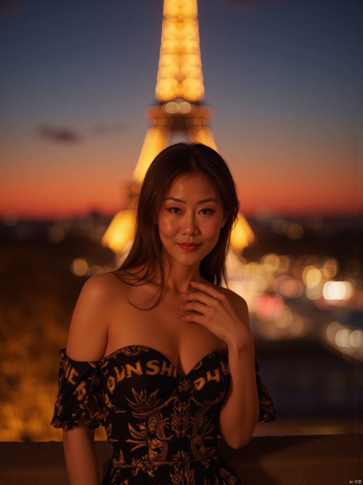 Here is a prompt for creating an exquisitely detailed image based on your description: A cinematic shot taken on the iconic Champs Elysées in Paris at dusk in autumn, as the sun dips below the horizon casting a warm glow (film grain: 1.2). A stunning Chinese woman, wearing a strapless low-cut long dress with intricate details and natural skin texture, stands out against the majestic Eiffel Tower's backdrop. Her radiant smile illuminates her deep cleavage, highlighting her plump breasts, as she proudly displays the bust of her dress featuring bold golden letters 'SUNSHINE'. The fallen leaves on the ground glisten with a warm golden light, reflecting the vibrant colors of the setting sun. Captured using Fujifilm XT3, in 4K resolution, this unity 8k wallpaper boasts ultra-detailed skin texture and finely detailed facial features, showcasing an exquisitely realistic masterpiece.