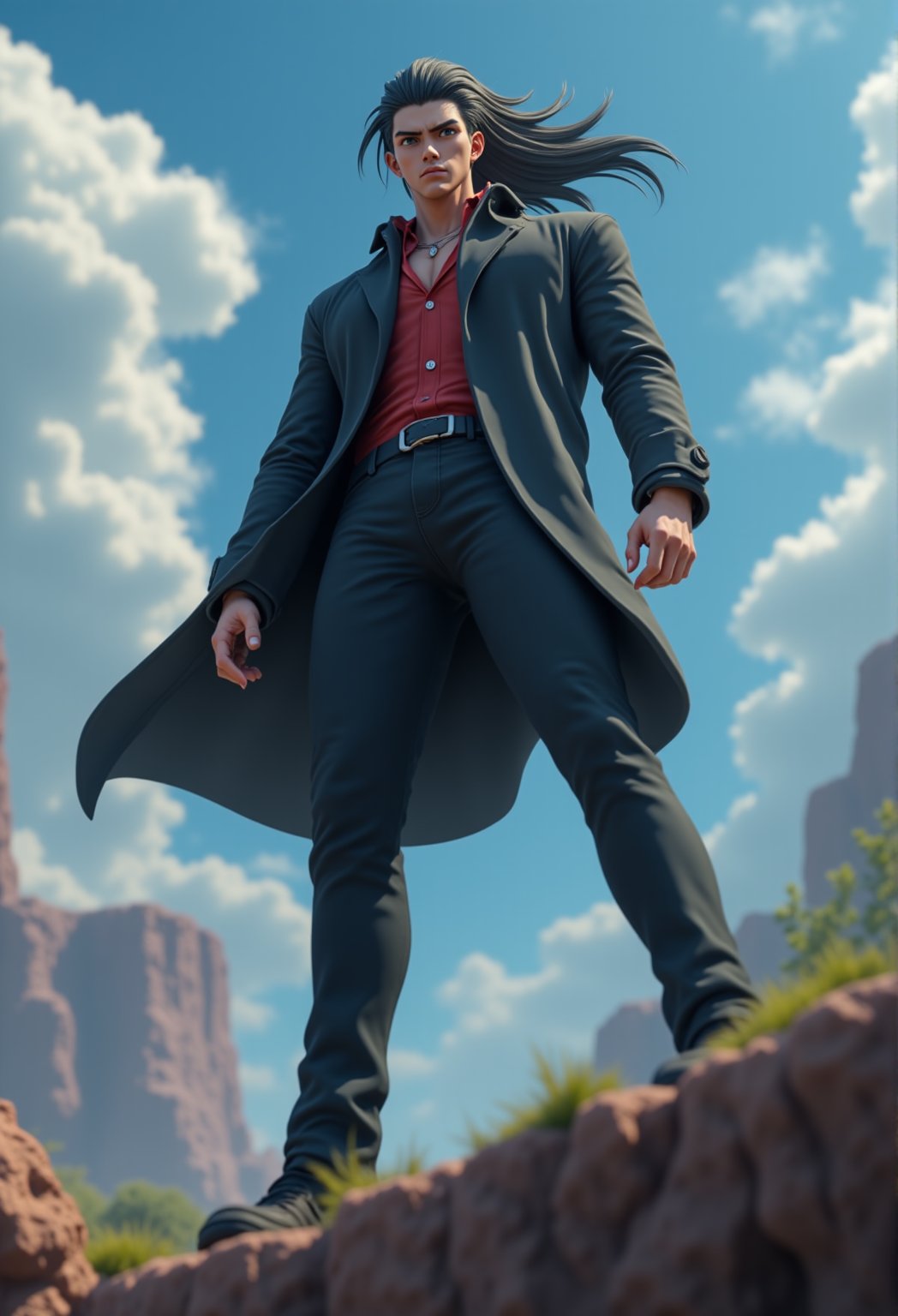 A 3D CGI anime male character with sharp features, standing heroically on a cliff edge, his long hair blowing in the wind. The camera angle is from below, creating a dramatic low-angle perspective.,Anime 3D CGI-ABM