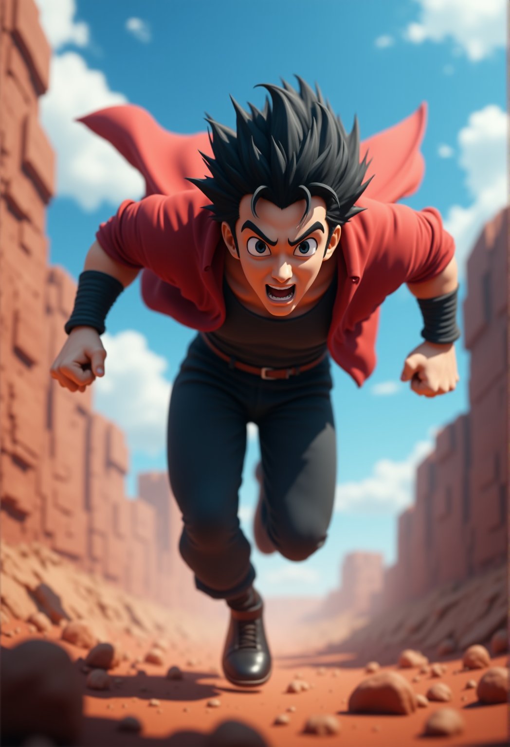 A high-energy 3D anime male character sprinting forward in a battle arena, captured from a low-angle front view. His intense expression and flowing cape create a powerful action shot., crystal clear, Anime 3D CGI-ABM