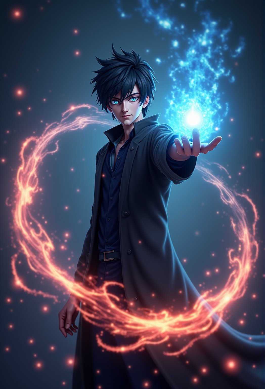 A 3D CGI anime male mage casting a spell, with a swirling vortex of energy around him. The camera focuses from a slightly tilted angle, capturing the dynamic swirl of magic., crystal clear, Anime 3D CGI-ABM