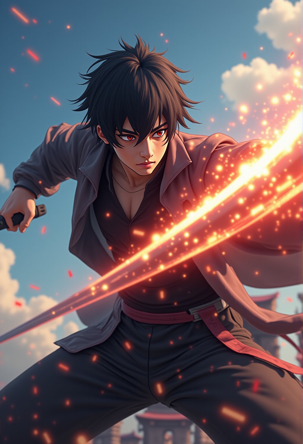 A 3D CGI anime male warrior performing a dramatic sword slash, captured in motion from a low-angle view with energy trails following his sword. crystal clear, Anime 3D CGI-ABM