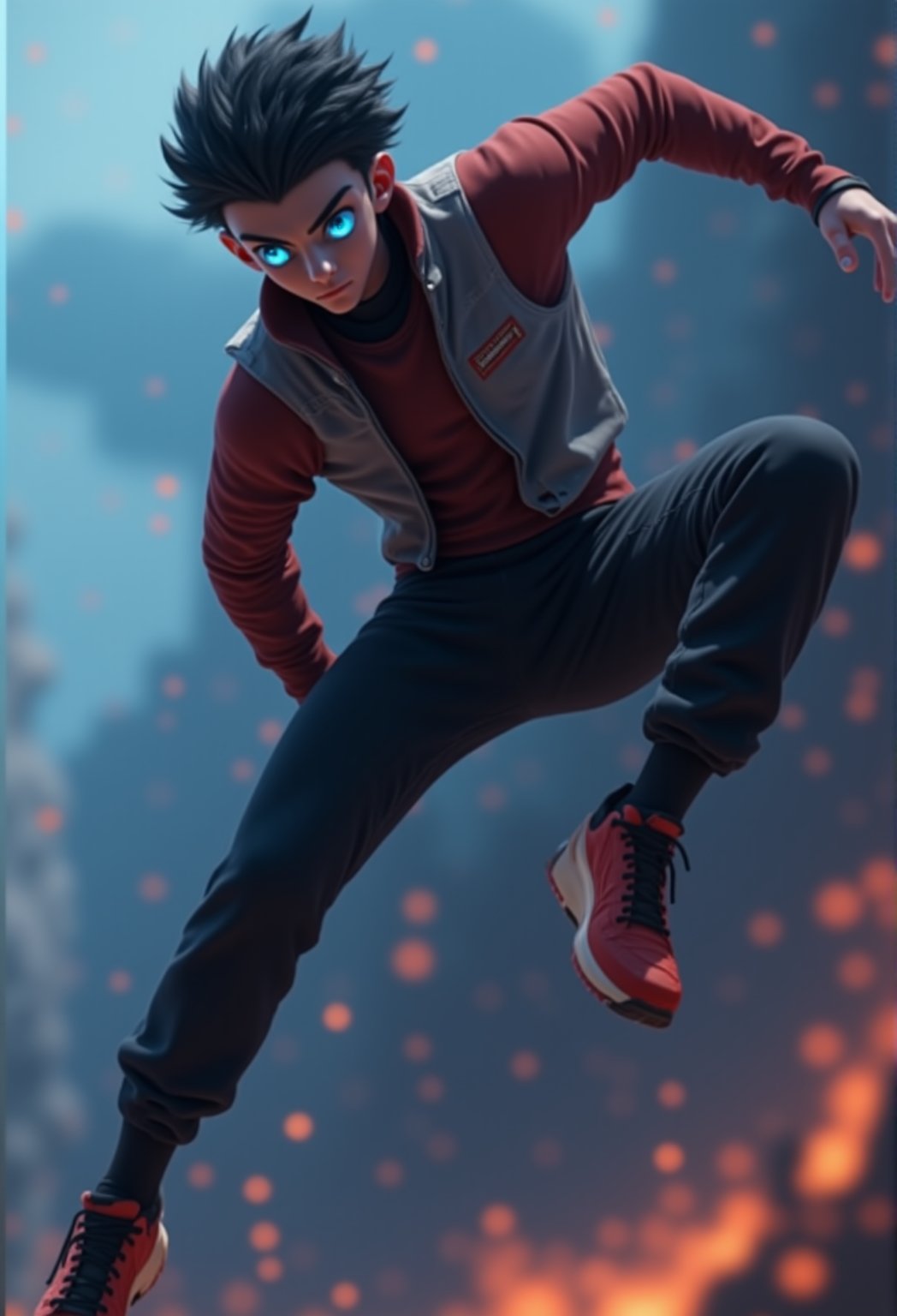 A stylized 3D anime male character with glowing blue eyes, performing a mid-air backflip. The camera captures him from a dynamic side angle, with motion blur to emphasize speed.,Anime 3D CGI-ABM