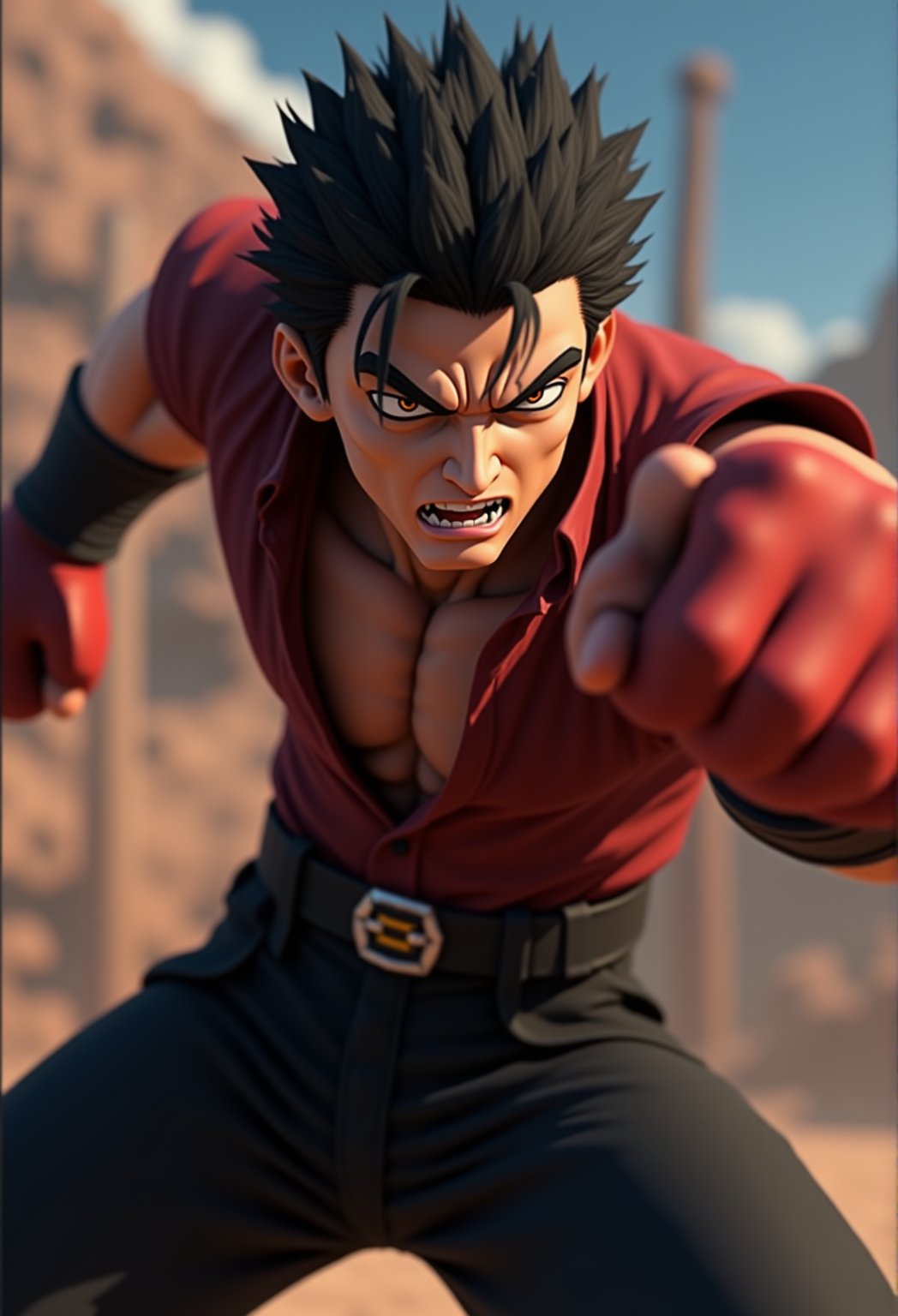 A muscular 3D anime male fighter delivering a powerful punch, captured in slow-motion from a close-up angle, showing the intensity in his expression and the motion of his attack., crystal clear, Anime 3D CGI-ABM