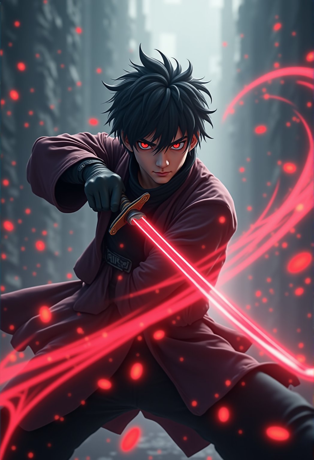 A 3D CGI anime male warrior performing a dramatic sword slash, captured in motion from a low-angle view with energy trails following his sword. crystal clear, Anime 3D CGI-ABM