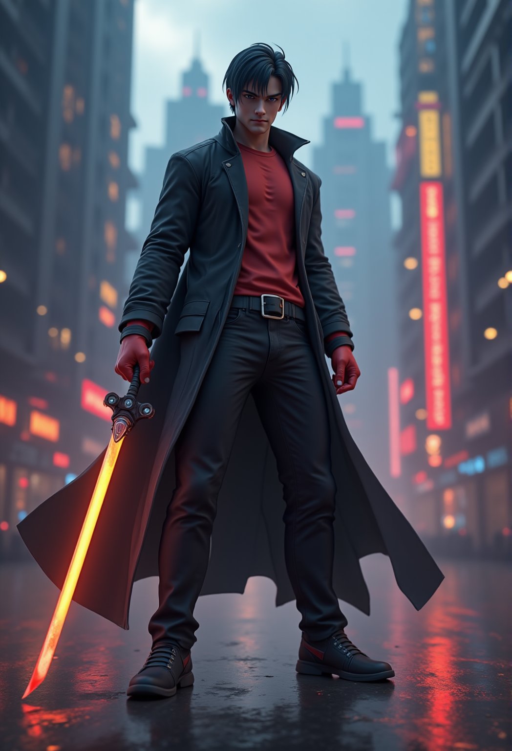 A futuristic 3D anime male warrior, standing in a power pose with a glowing sword. The scene is set in a cyberpunk city, viewed from a wide-angle perspective to capture the cityscape behind him., crystal clear, Anime 3D CGI-ABM