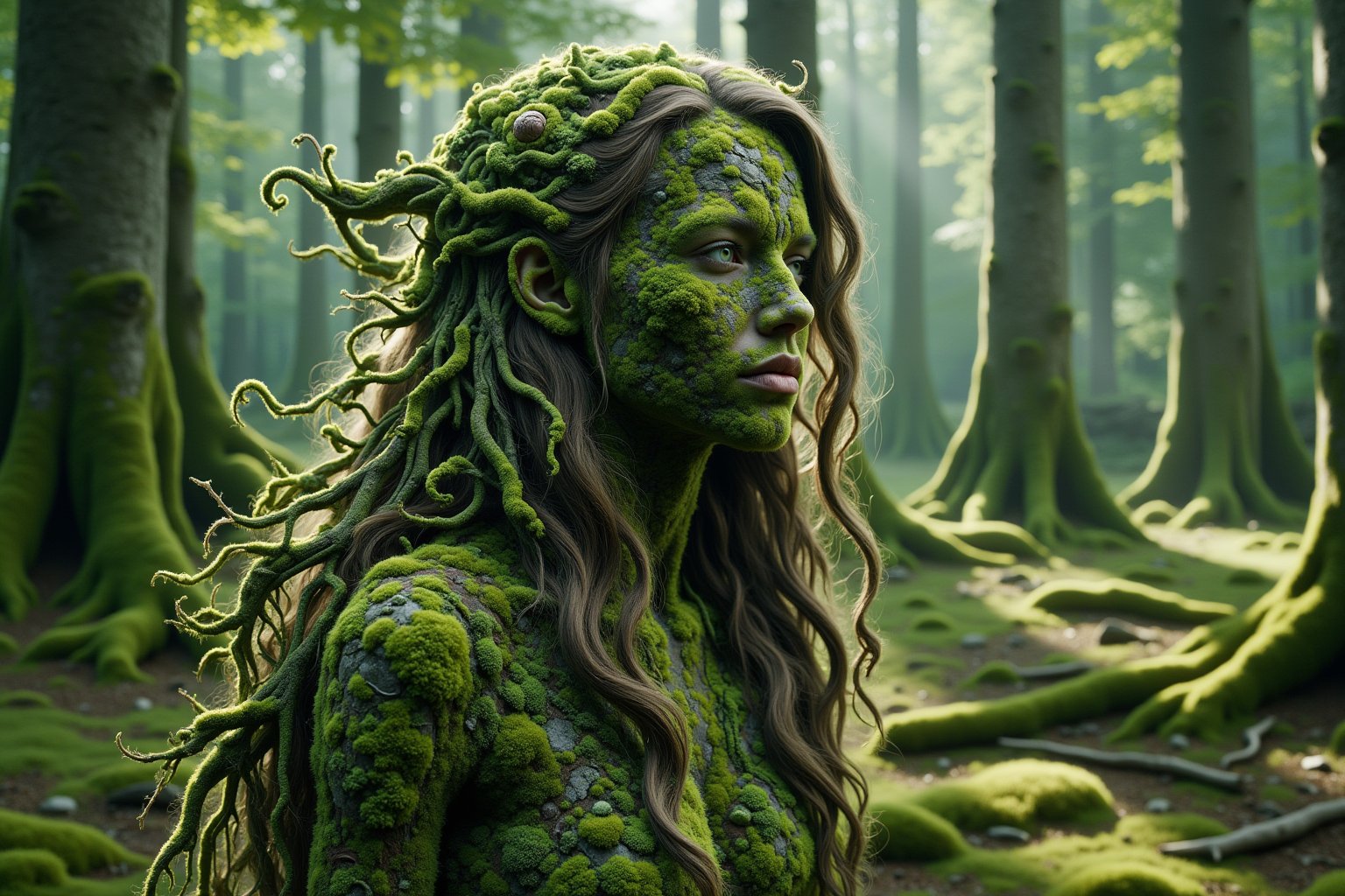 a root-based young woman emerges from the ground in an enchanted forest, Ral-ovrgrwth tangled