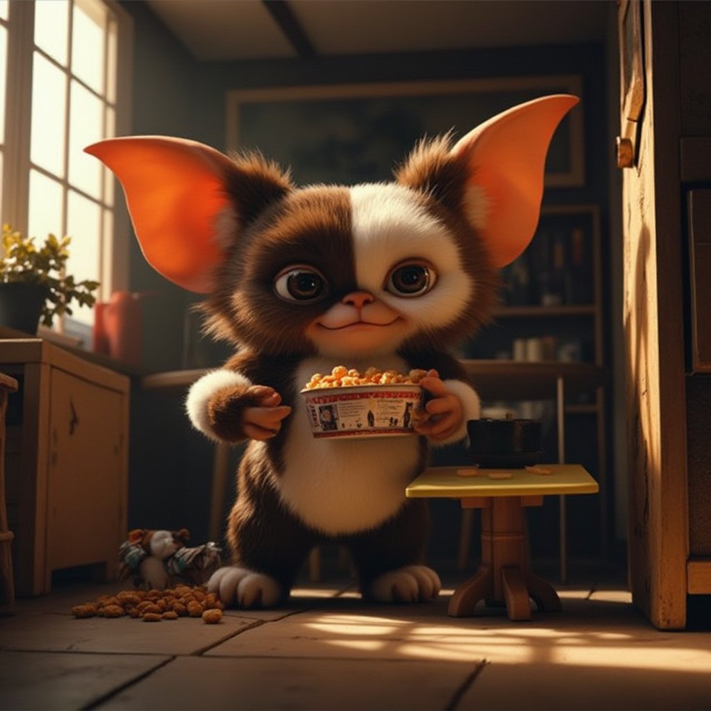 Cinematic, dreamy lighting, front facing view, a candid of gizmo eating cereal inside a box with a small table and small chair, ultra realistic