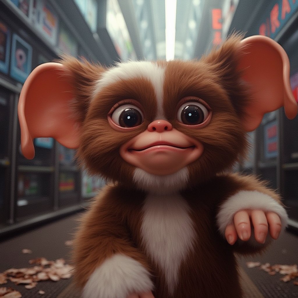 Cinematic, dreamy lighting, front facing view, a candid of gizmo chewing gum, ultra realistic, ultra realistic textures