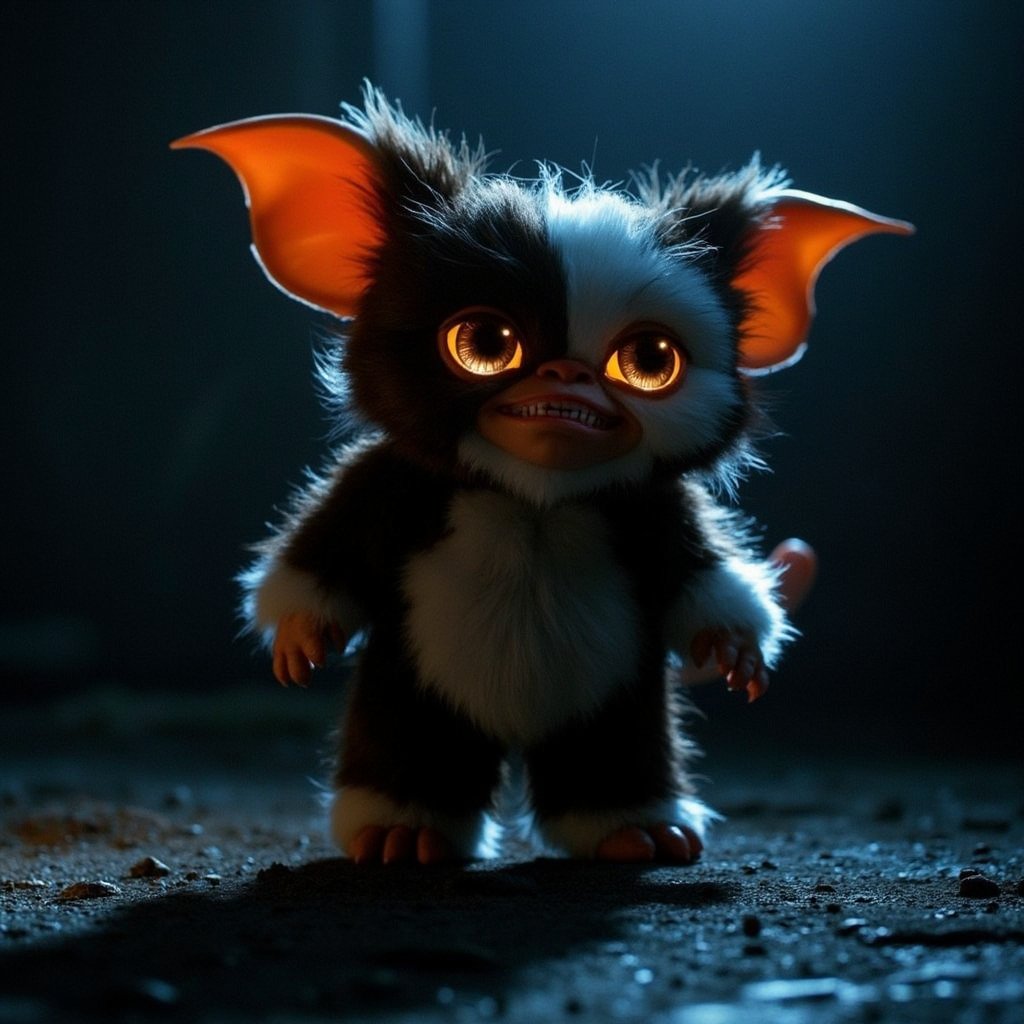 In the velvety darkness of night, a glowing gaze pierces through the shadows as the fluffiest of gizmos stands defiantly, its vampiric features twisted in rage. The front-facing view captures every detail of its luxuriant coat, an ultra-realistic tapestry of softness and menace. Cinematic lighting casts an otherworldly glow on this furry fiend's snarling visage.