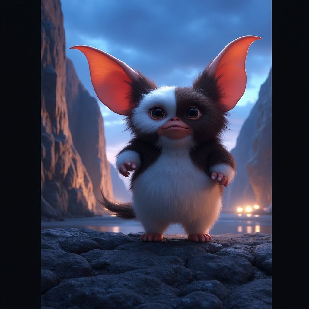 Cinematic, dreamy lighting, front facing view, at night, a fluffy gizmo, falling of a cliff, angry gizmo,  highly detailed fur, ultra realistic, ultra realistic textures