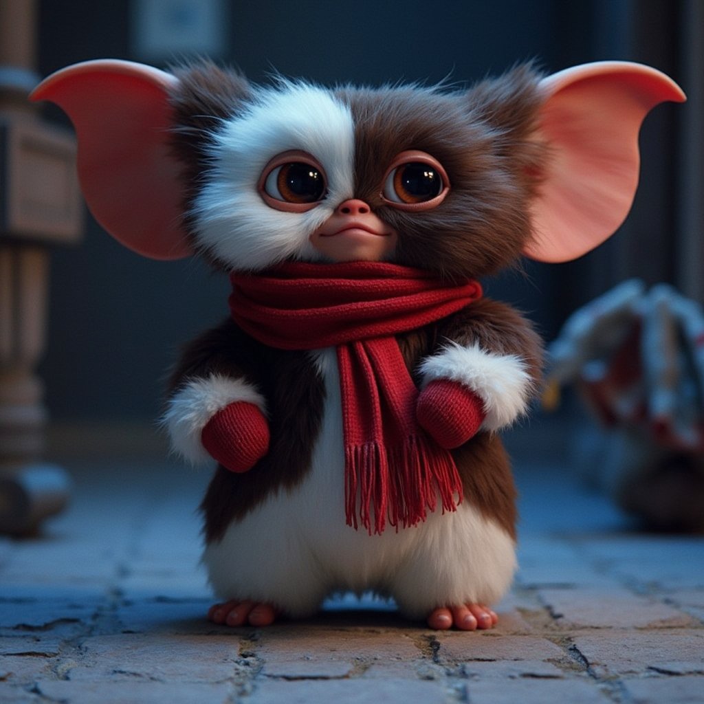 Cinematic, dreamy lighting, front facing view, at night, a candid of a fluffy gizmo, wearing a red scarf, small  red mittens, painting a mogwai in a wall,  highly detailed fur, ultra realistic, ultra realistic textures